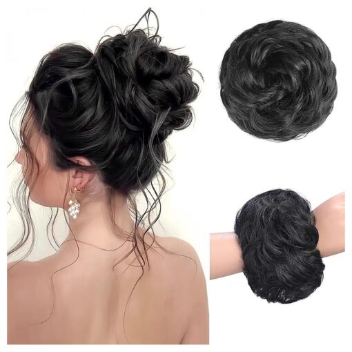 HAIRCUBE 1PCS Messy Bun Hair Piece Messy Hair Bun Scrunchies for Women Wavy Curly Chignon Ponytail Hair Extensions Synthetic Thick Tousled Updo Bun ( Black )