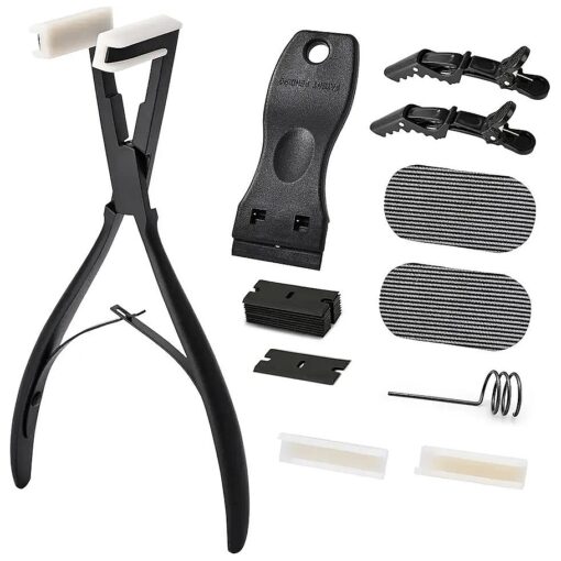 Gomake Tape in Hair Extension Tools Kit with Flat Surface Stainless Steel Tape in Hair Extensions Sealing Clamp Plier, Tape Remover Scraper Tool, Hair Clips, Human Hair Extensions Styling Tools-Black