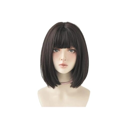 Black Short Bob Wig Straight Black Bob Wig with Bangs Synthetic Straight Bob Wig for Women Natural Looking for Daily Use ( Black Tea )