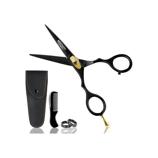 5.5" Professional Beard Scissors & Mustache Scissors, 100 % German Stainless Steel with Beautiful Leather Case and Mustache Comb, Beard Scissors for Men ( Black Titanium )