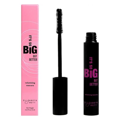 Elizabeth Mott Black Volumizing Smudge-Proof Mascara-Cruelty Free Lengthening Fiber Mascara with Hourglass Wand-Water Resistant, No Clump, Amazing Eyelashes, Safe with Lash Extensions, Full-Size 10ml