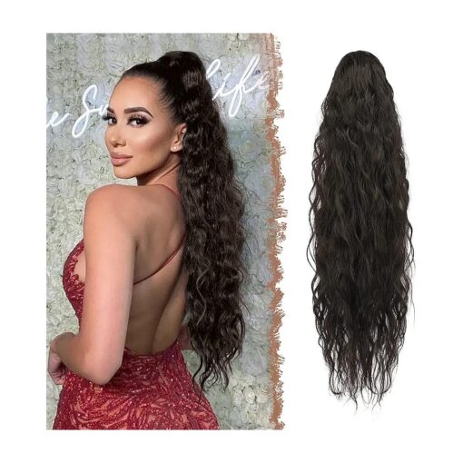 FESHFEN Long Curly Wavy Drawstring Ponytail Extensions Clip in Wavy Synthetic Hairpieces Drawstring Ponytails Hair Piece Pony Tail Extension for Women, Natural Black 26 inch