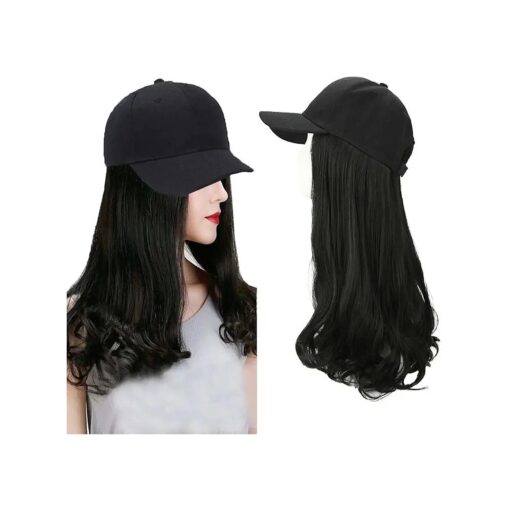 iLUU Black Wig Hair and Black Hat Baseball Cap with Hair Extensions Synthetic Wavy Wig Hat Adjustable Baseball Hat and 14" Heat Resistent Hairpieces for Women Girl Daily Use ( Black )