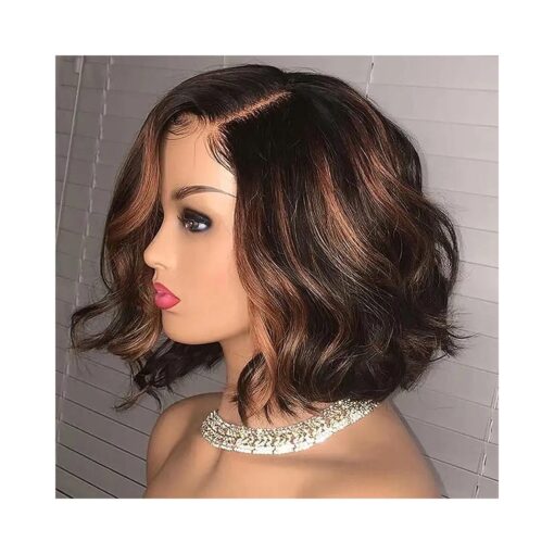 1B/30 Ombre Short Bob Wavy Human Hair Lace Front Wigs HD Invisible 13X6 Lace Frontal Human Hair Wigs Pre Plucked Bleached Knots Glueless Short Body Wave Wigs For Black Woman 8Inch