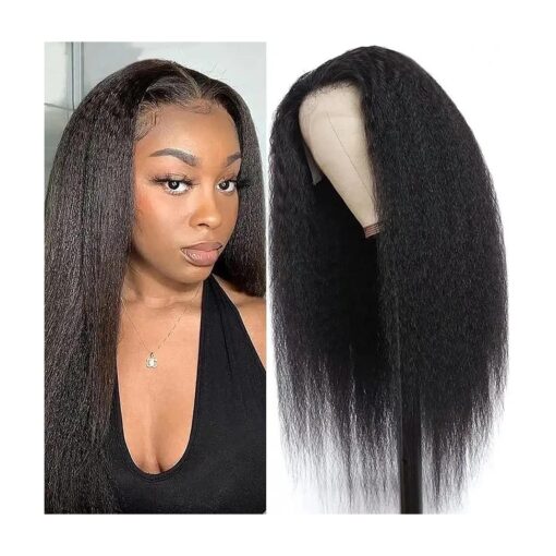 16 Inch Kinky Straight Human Hair Wigs for Black Women 13x6 Yaki HD Lace Front Wig Pre Plucked Brazilian Remy Transparent Lace Frontal Wig with Baby Hair Natural Color 150 % Density