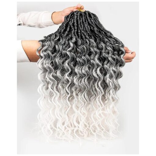 Faux Locs Crochet Hair for Black Women- 24 Inches 8 Packs Pre Looped Ombre Grey to White Synthetic Hair Extensions, Soft Goddess Locs Braids with Long Deep Wave Curly Ends ( 112 Strands, Tgrey/613 )