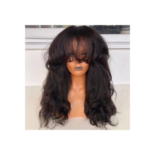 RHEANNA Kinky Yaki Wavy Bang Wig Human Hair 180 Density Brazilian Hair O Scalp Top Wig Yaki Human Hair Wigs With Bangs For Black Women 14inch