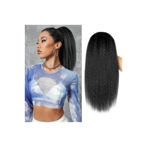 Yaki Straight Ponytail Extension for Black Women, 14 Inch Black Fluffy Thick Synthetic Yaki Ponytails, Drawstring Yaki Ponytail for Black Women Girls ( Natural Black 1B )