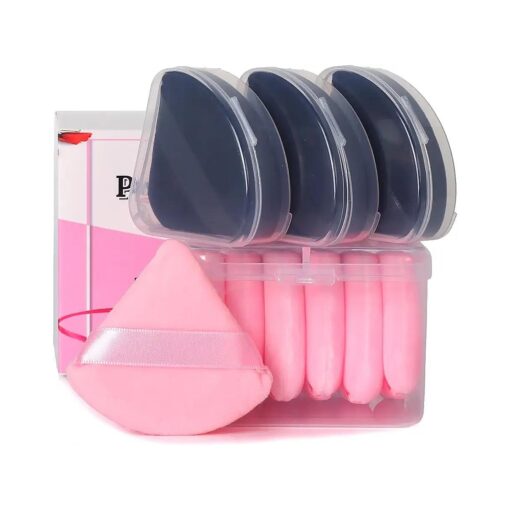 10Pcs Triangle Powder Puffs for Face Powder, Soft Velour Makeup Setting Powder Puff with Case, Black+Pink