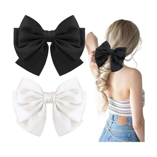 2PCS Big Satin Layered Hair Bows for Women Girls 7 Inch Black White Barrette Hair Clip Large Silk Ribbon Bows French Style Hair Accessories ( Black+White )