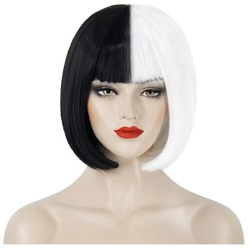 Black and White Wigs for Women Costume Wig Short Bob Hair Wig with Bangs Cute Fashion Synthetic Wigs for Party Halloween BU240BW