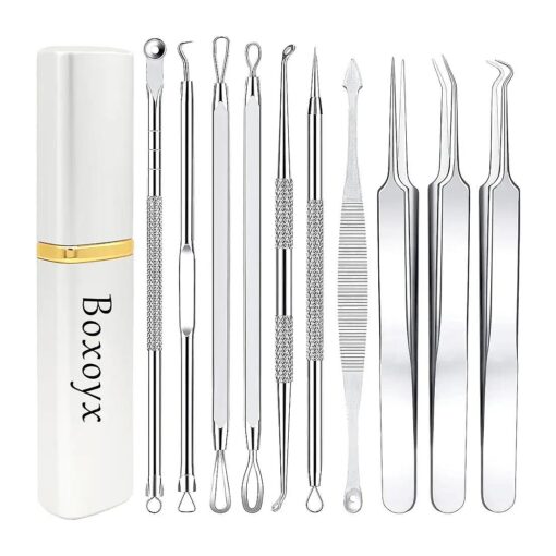 Blackhead Remover Tool, Boxoyx 10 Pcs Professional Pimple Comedone Extractor Popper Tool Acne Removal Kit - Treatment for Pimples, Blackheads, Zit Removing, Forehead, Facial and Nose ( All Silver )