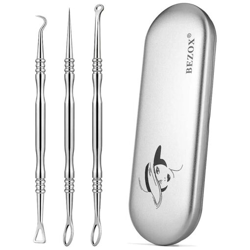 BEZOX Acne Needle Blackhead Remover Tools, Set of 3 Surgical Grade Stainless Steel Pimple Popper Facial Tools with Metal Storage Case