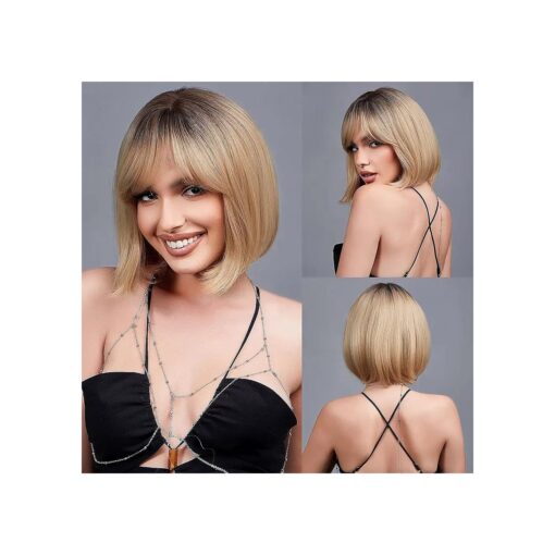 EMMOR Blonde Bob Wig with Bangs 13" Short Bob Wigs for Women Short Blonde Wig with Dark Roots Heat Resistant Synthetic Wig Natural Looking for Daily Use Party and Cosplay ( Ombre Blonde )