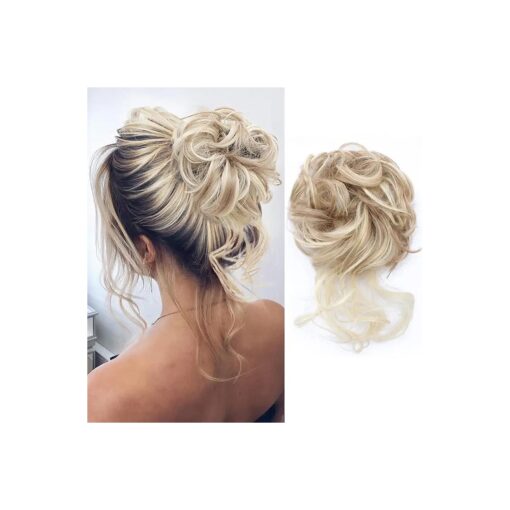 KETHBE Messy Bun Hair Piece Tousled Updo Hair Buns Extension Elastic Hair Band Hair Pieces Curly Hair Bun Scrunchie For Women ( Highlights Blonde )