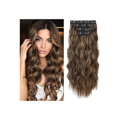 REECHO Clip in Hair Extensions, 4PCS Blonde Hair Extensions 24" Thick Long Beach Waves hair extensions HE003 Invisible Lace Weft Natural Soft Hairpieces for Women - Dark Brown with Highlights