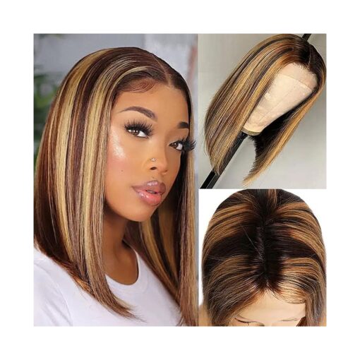 QTHAIR Blonde Highlight Bob Wigs Human Hair Brazilian Ombre Lace Closure Wig 4x1 inch Lace Area T Part Lace Front 12Inch Ombre Human Hair Wig P4/27 Bob Wig 8in Short Bob Human Hair Wig for Women