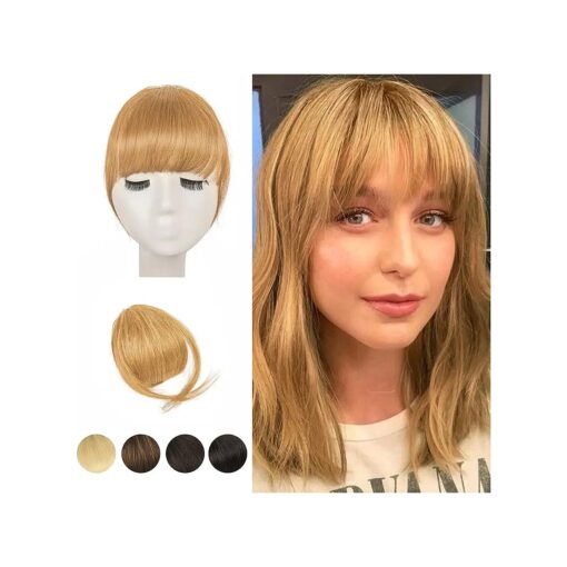 BARSDAR Human Hair Bangs Clip in - 100 % Human Hair Bangs Extension for Women, Thick Blonde Hair Bangs with Temples Clip in Fringe Real Hair Bangs Daily Halloween Dyeable - Dark Golden Blonde