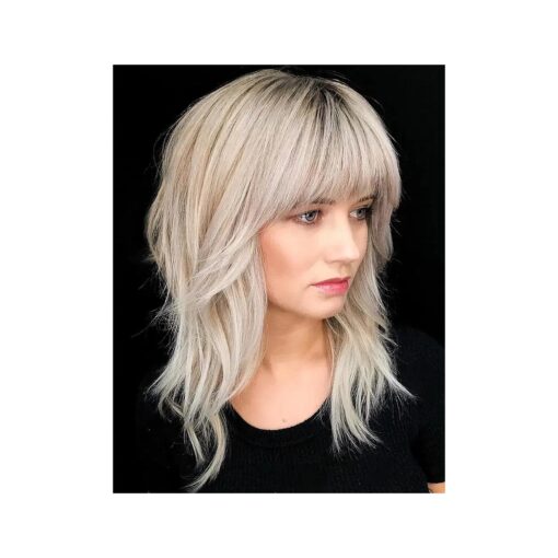 Blonde Wig with Bangs Shoulder Length Layered Wig with Dark Roots Synthetic Party Cosplay Wigs for Women