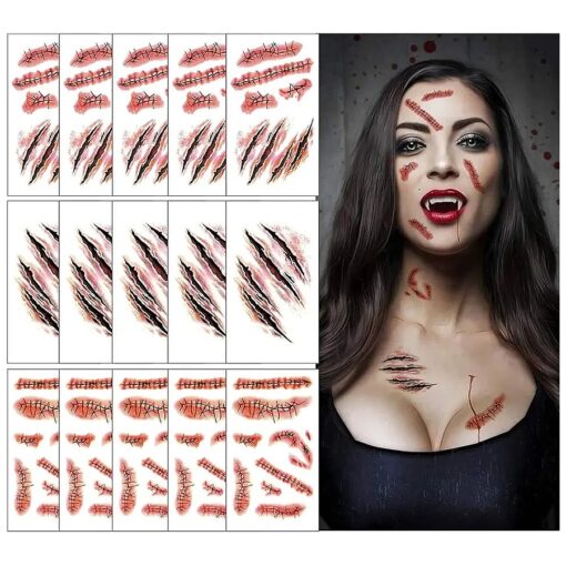 Halloween Scar Scab,15 Sheets Waterproof Temporary Tattoos Sticker for Masquerade, Prank Makeup Props, Party Costume