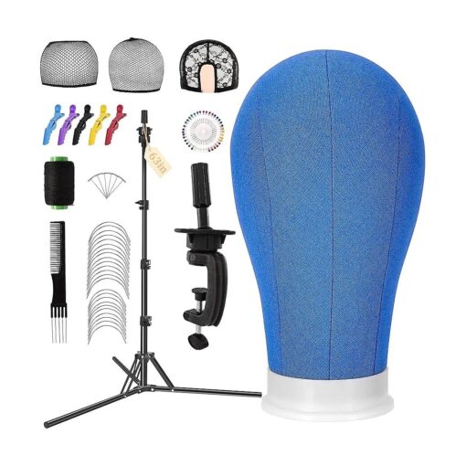 Yofuly 22" Canvas Wig Head Set, Upgraded 63 Inch Tall Wig Stand Tripod with Mannequin Head, Canvas Block Head Wig Stand Set with Wig Caps, Table Clamp, Perfect for DIY Wig Making and Styling - Blue