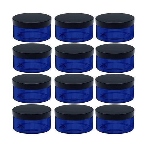 5 Ounce Blue Plastic Cosmetic Jars, Wide Mouth Refillable Containers with Lids for Creams, Lotion, Ointments, Make Up, Bath Salt and Body Butter, 12 Pcs