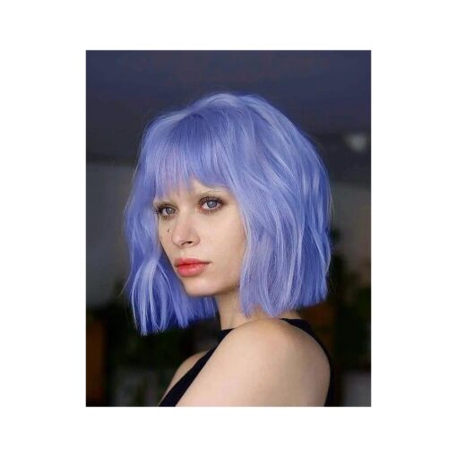 LANOVA Blue Bang Wigs, Short Curly Blue Cosplay Wigs with Bangs for Women, Synthetic Hair Bob Wig with Fringe, Short Bob Curly Wig 10 inch LANOVA-134-16