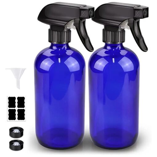 Glass Spray Bottle, Blue Glass Spray Bottle Set & Accessories for Non-toxic Window Cleaners Aromatherapy Facial Hydration Watering Flowers Hair Care ( 2 Pack/16oz ) ( Blue )