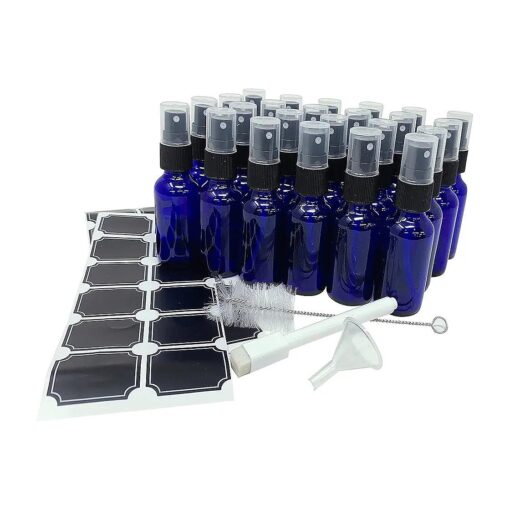 Nevlers 24 PK 1 Oz Blue Small Glass Spray Bottles for Essential Oils - Perfume |Refillable Travel Size Spray Bottle Set Includes Sprayers - Funnel- Brush- Labels - Marker to Easily Identify Contents