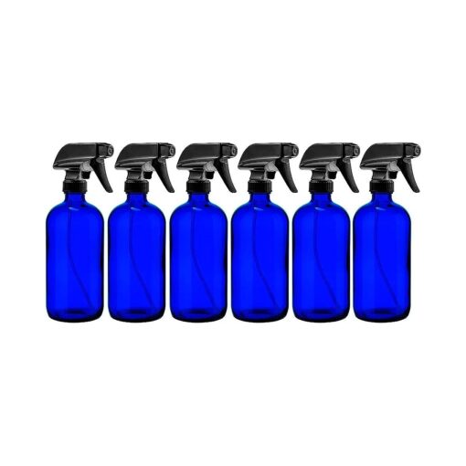 Sally 's Organics Blue Glass Spray Bottle - Large 16 oz Refillable Container for Essential Oils, Cleaning Products, or Aromatherapy - Black Trigger Sprayer w/Mist and Stream Settings - 6 Pack