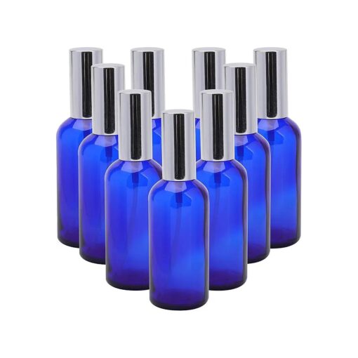 Foraineam 9 Pack 100ml / 3.4 oz, Blue Glass Spray Bottles with Atomizer Refillable Fine Mist Spray Bottle Containers for Perfume, Essential Oils, Cleaning Products