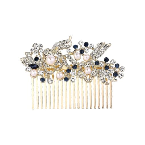 EVER FAITH Wedding Hair Comb Rhinestone Pearl Bridal Hair Accessories Flower Wedding Hair Piece for Bride Bridesmaids Blue Gold-Tone