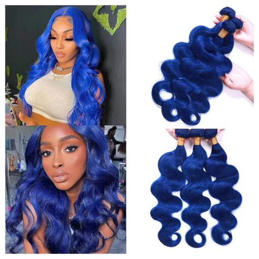 Ombre Bundles Remy Human Hair Single Bundle Pure Blue Human Hair 1 Bundle Body Wave 100G/Pcs Colored Blue Human Hair Extensions Double Weft Human Hair Bundles For Black Women 14 Inch