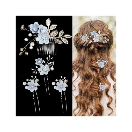 4 Pieces Wedding Flower Hair Pins Pearl Rhinestone Bridal Hair Combs Vintage Hair Forks Wedding Hair Accessories Headpiece Hair Clips for Brides Bridesmaids Women and Girls ( Blue )