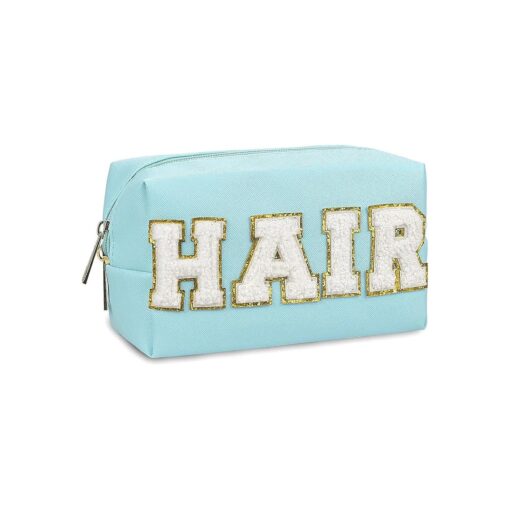 Preppy Patch Makeup Bag, PU Leather Portable Waterproof Preppy Cosmetic Bag With HAIR Chenille Letter, Daily Use Cute Travel Toiletry Bag for Women Girls ( Blue )