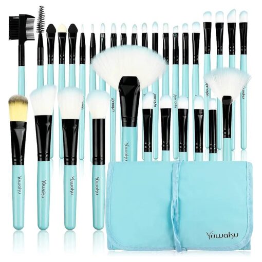 Makeup Brushes Set, 32pcs Blue Premium Cosmetic Make Up Brushes Foundation Blending Blush Concealer Shader Eyeshadow Eyeliner Compatible withTravel Makeup Bag