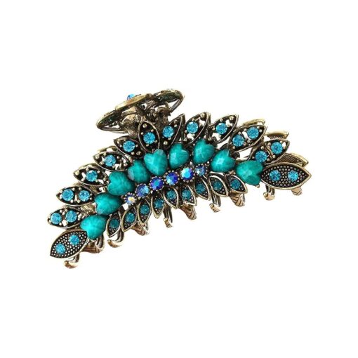 Vintage Chic Metal Alloy Imitation Turquoise Rhinestone Fancy Non-Slip Hair Claw Jaw Clips Pins - Women Fashion Retro Large Size Hair Catch Hair Updo Grip for Thick Hair ( Blue )