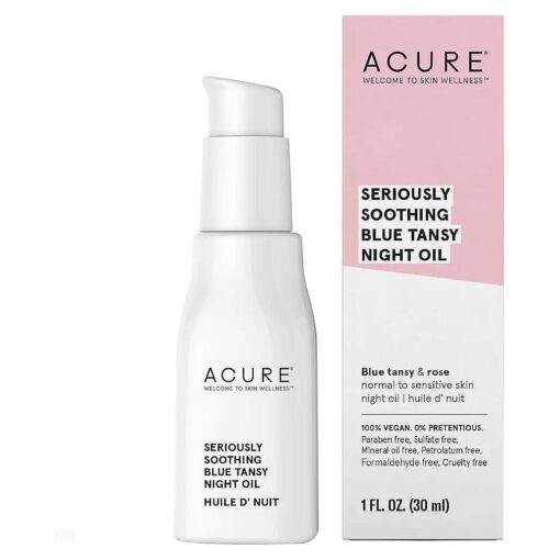 Acure Seriously Soothing Tansy Night Rose Oil - Soothes, Deep Hydrate & Moisturize Dry, Acne Prone, Sensitive Skin - Antioxidant Night Cream Serum Oil Blend with Blue Tansy & Rose - 100 % Vegan, 1 oz