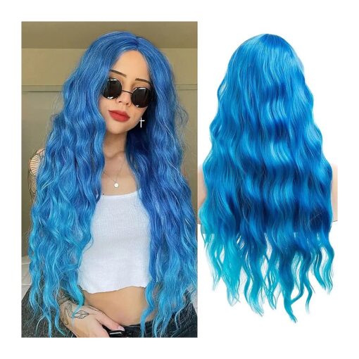 Sallcks Women 's Long Curly Wavy Blue Wigs Cosplay Costume Halloween Wigs Synthetic Middle Parting Replacement Wig with Wig Cap