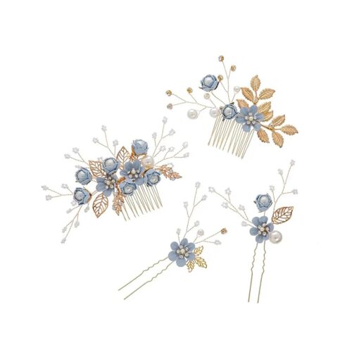 NUOBESTY 4 Pcs Wedding Hair Comb Rhinestones Crystal Floral Bridal Hair Clips Hair Pin Hair Jewelry for Wedding Dress Accessories ( Blue )