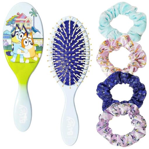 Bluey Detangling Brush and 4 Elastic Scrunchies Hair Accessory Set for Kids - Ages 3+