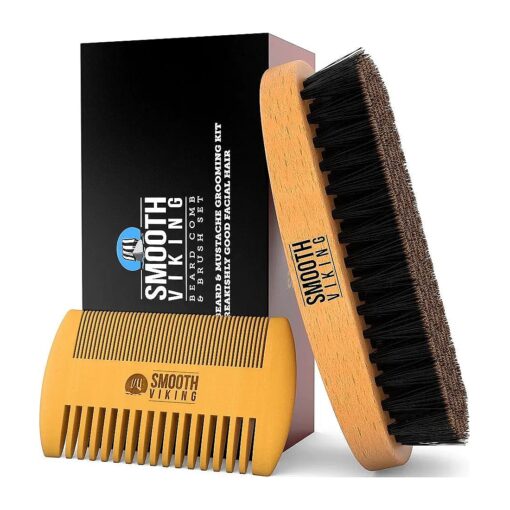 Smooth Viking Beard Brush & Comb Gift Set for Men - Natural Boar Bristle Hair Brush & Wooden Comb - Facial Hair Styling, Grooming & Shaping Tools