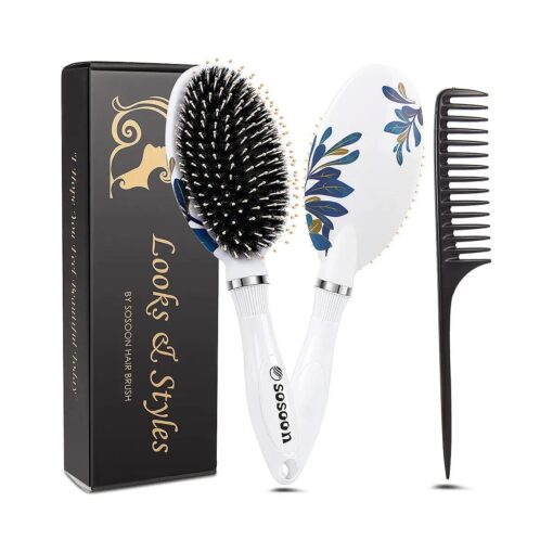 Hair Brush, Boar Bristle Hair Brushes for Women Kids Thick Curly Wet Dry Hair, Smoothing Detangling Hairbrush Adds Shine and Improves Hair Texture, Hair Comb and Giftbox Included