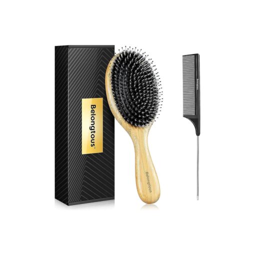 Boar Bristle Hair Brush with Nylon Pins for Women, Bamboo Paddle for Hair Gowth Scalp Massage Detangling, Boars Hair Brush for Thick Hair, Giftbox & Tail Comb Included