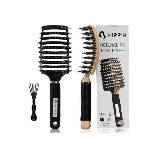 Boar Hair Brushes 2 Pack, Suitable for Men, Women & Kids ' Long Curly Wet or Dry Hair, HIPPIH Hairbrush for Thick Hair Can Adds Shine and Makes Hair Smooth