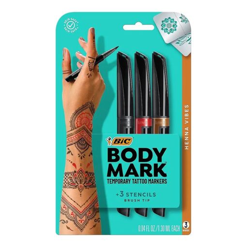 BIC BodyMark Temporary Tattoo Markers for Skin, Henna Vibes, Flexible Brush Tip, 3-Count Pack of Assorted Colors, Skin-Safe, Cosmetic Quality