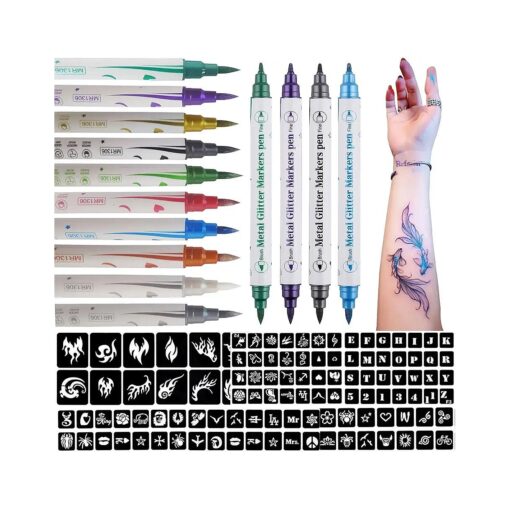 Temporary Tattoo Markers for Skin - Dual-End Tattoo Pens for Body & Face Art with 138 Tattoo Stencil Papers, 10 Pens Make Bold and Fine Lines, Cosmetic Quality ( BETY2 )