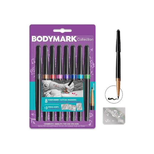 BodyMark by BIC Temporary Tattoo Markers and Stencil Sheets - Assorted Colours, Pack of 8+3