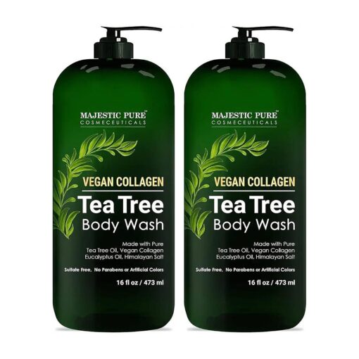 MAJESTIC PURE Tea Tree Body Wash with Collagen - Helps Nail Fungus, Athletes Foot, Ringworms, Jock Itch, Acne, Eczema & Body Odor - Soothes Itching - ( Packaging May Vary ), Set of 2, 16 fl oz