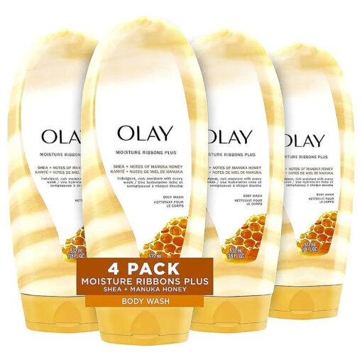 Olay Body Wash, Moisture Ribbons Plus Shea + Manuka Honey Body Wash, 18 fl oz ( Pack of 4 )